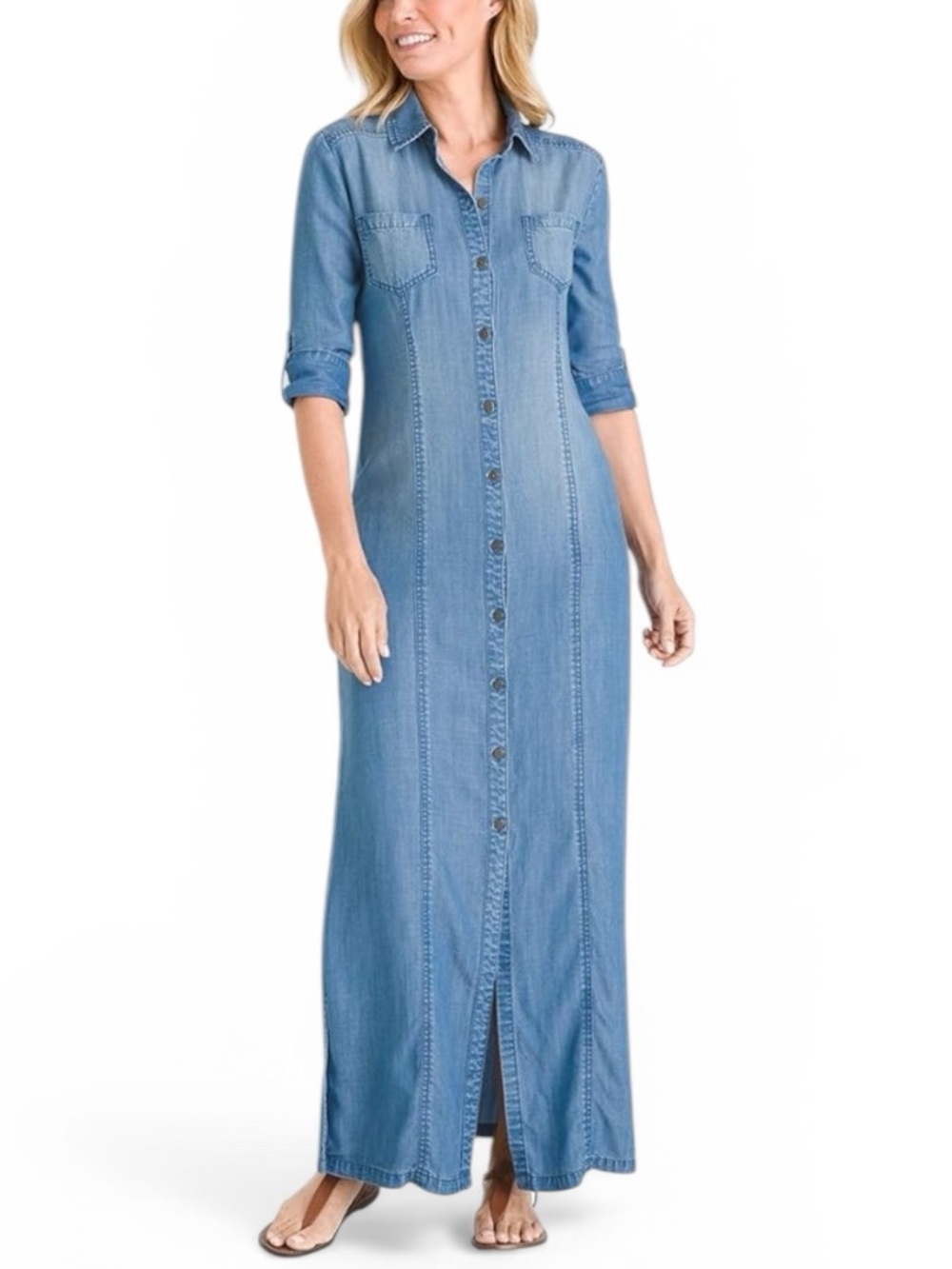 Chico's Maxi Denim Dress Women’s 14 Light Blue Button-Front Slits Lightweight